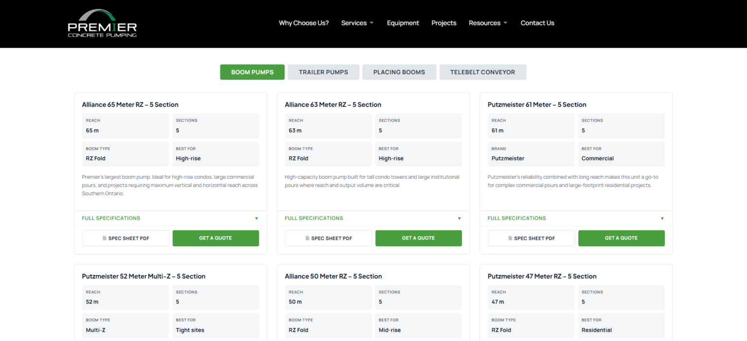 Premier Concrete Pumping equipment page showing boom pump fleet with individual spec cards, reach data, and Get a Quote buttons for each unit. Built by Groundwork Agency