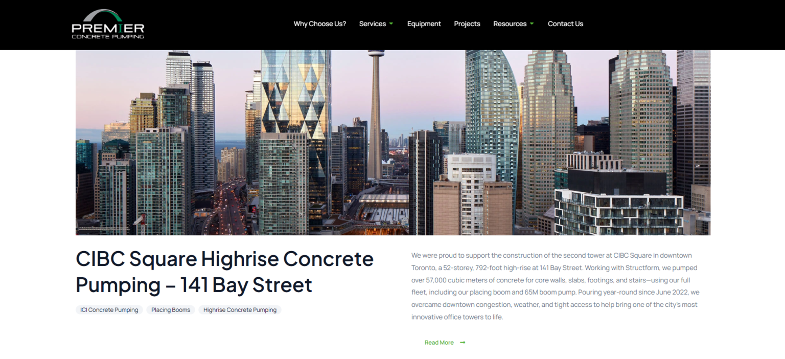 Premier Concrete Pumping project page for CIBC Square at 141 Bay Street in Toronto, showing a 52-storey highrise with details on concrete volume pumped and equipment used.