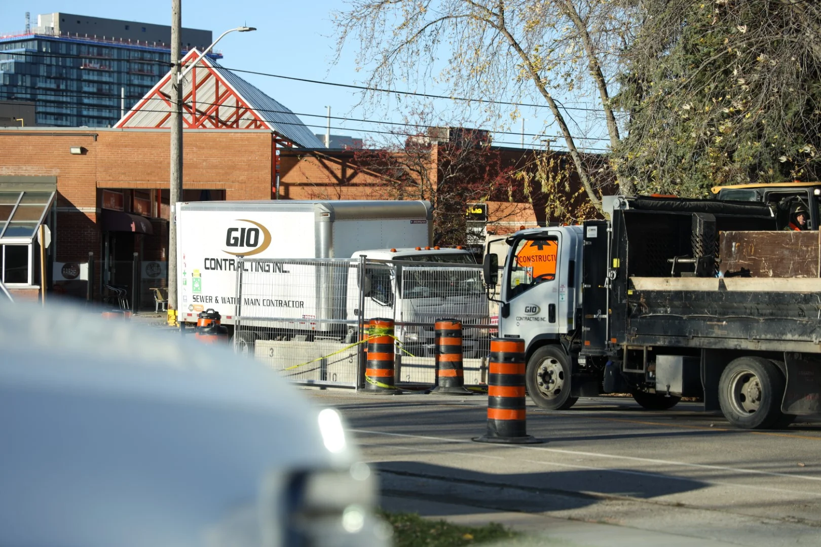Gio Contracting Inc. branded sewer and watermain contractor trucks on active urban job site with traffic control