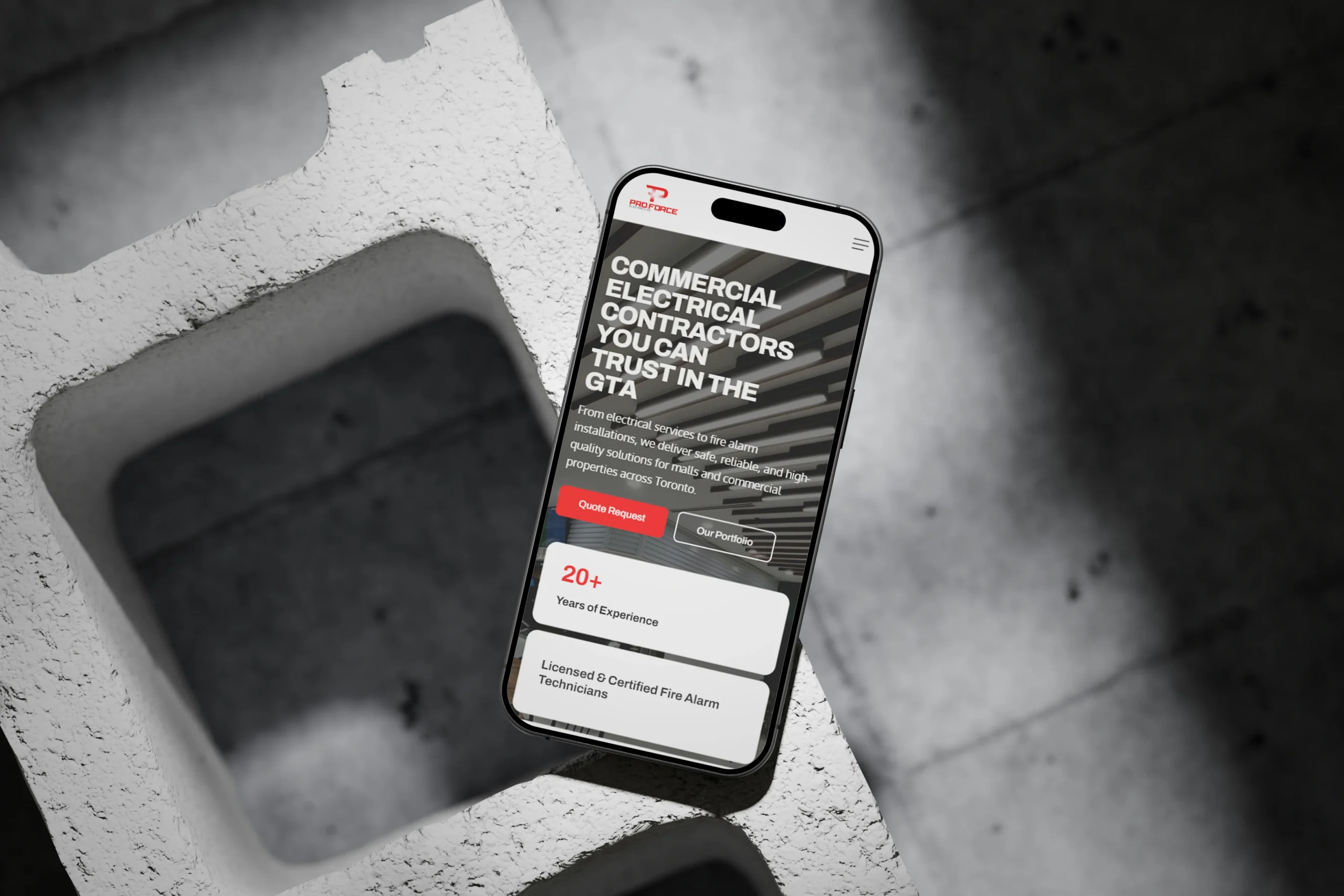 Pro Force Electric Website design on a mobile device mockup by Groundwork Agency