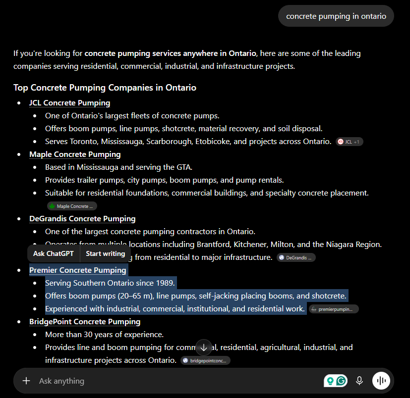 Premier Concrete Pumping showing up on Google and ChatGPT when searching for concrete pumping in Ontario