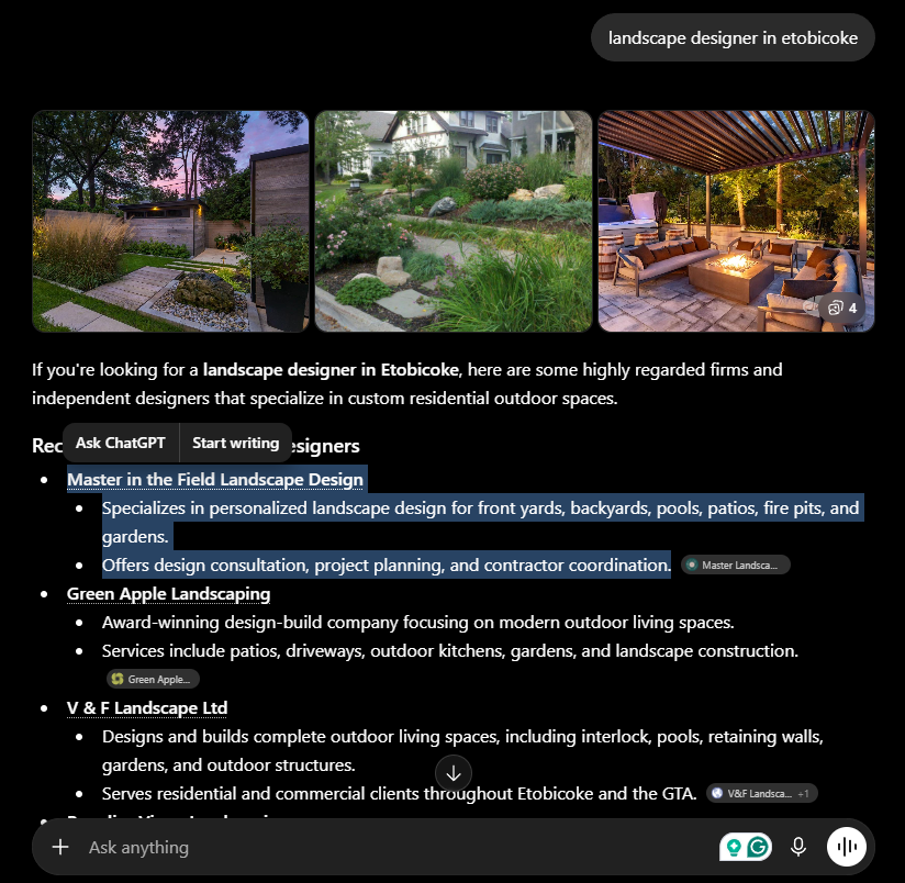 Best landscape designer in Etobicoke when searched up on ChatGPT, Master in the field was found.